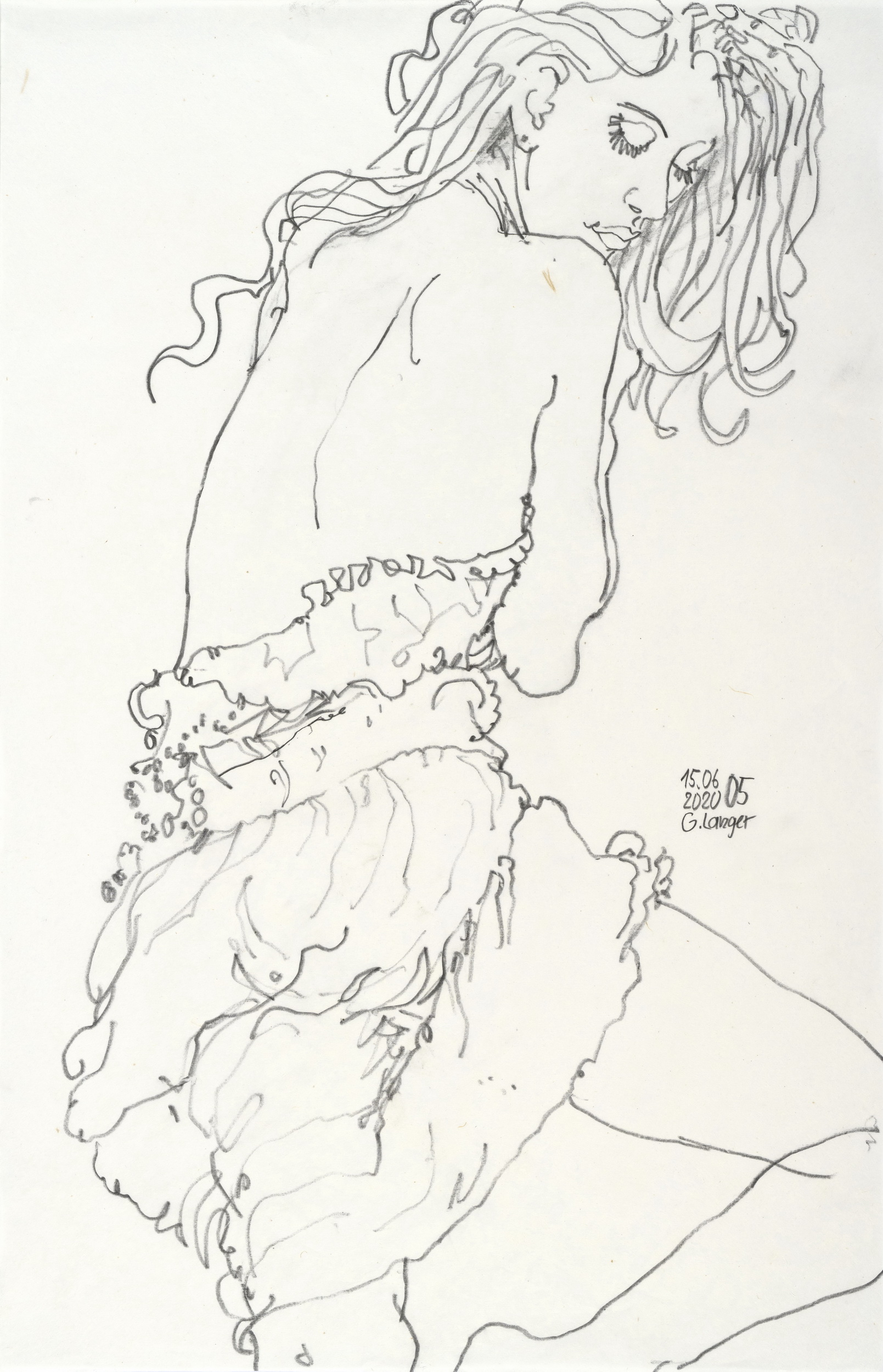 Gunter Langer, Halb angezogenes Mädchen mit heruntergezogenem Kleid, Gefunden, 2020, Zeichnung, Japanpapier, 70 x 45 cm